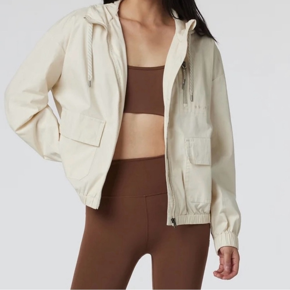 VOURI Vintage Cream Ripstop Utility Jacket with Hood Organic Cotton Cargo Pocket - Picture 3 of 14